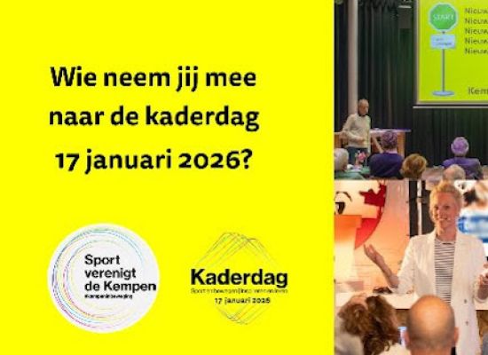 Poster met tekst wie neem jij mee naar de kaderdag inclusief logo Kempen in beweging