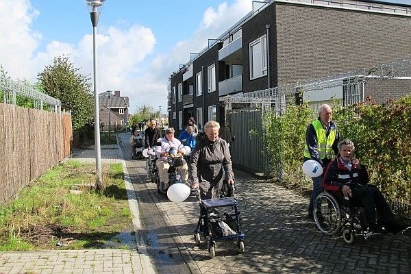 Gezelschap met rollators, rolstoelen, scootmobielen en blindegeleidestokken op weg naar het gemeentehuis 