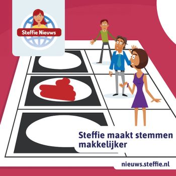 Steffie maakt stemmen makkelijker. Op de achtergrond een stembiljet.