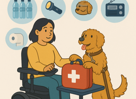 Vrouw in een rolstoel met assistentiehond zijn een noodpakket aan het samenstellen