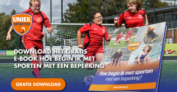 Poster met sportende personen met een beperking en info over het e-book