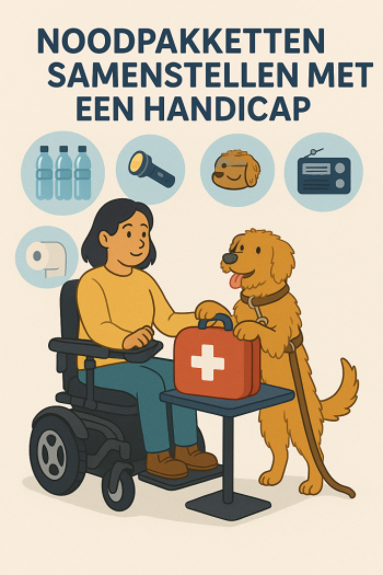 Vrouw in een rolstoel met assistentiehond zijn een noodpakket aan het samenstellen