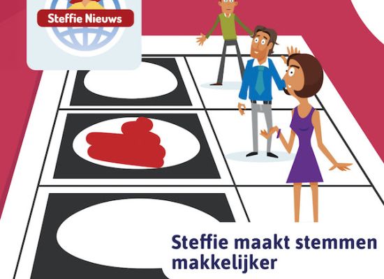 Steffie maakt stemmen makkelijker. Op de achtergrond een stembiljet.