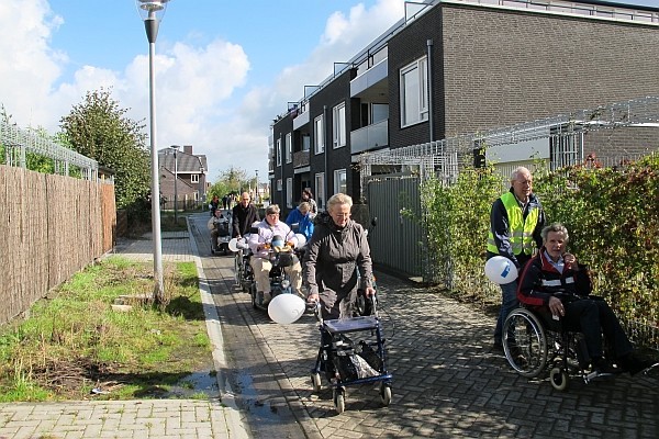 Gezelschap met rollators, rolstoelen, scootmobielen en blindenstokken op weg naar het gemeentehuis