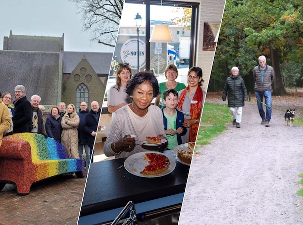 Van links naar rechts 3 foto's: Regenboogbankje in Eersel, groepje mensen met verschillende nationaliteiten en toegankelijk pad bij Grootmeer Wintelre