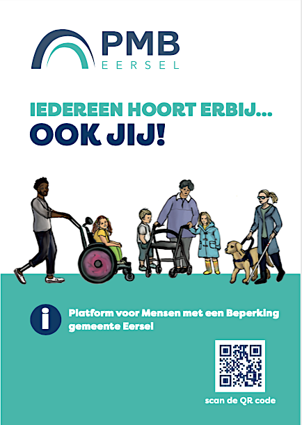 Voorblad informatie folder PMB Eersel met tekst Iedereen doet mee, ook jij! En tekening van personen met diverse beperkingen