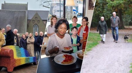 Van links naar rechts 3 foto's: Regenboogbankje in Eersel, groepje mensen met verschillende nationaliteiten en toegankelijk pad bij Grootmeer Wintelre