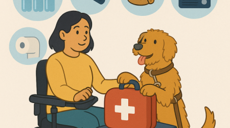 Vrouw in een rolstoel met assistentiehond zijn een noodpakket aan het samenstellen