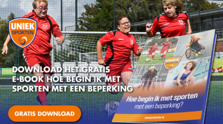 Poster met sportende mensen met een beperking met informatie over het e-book