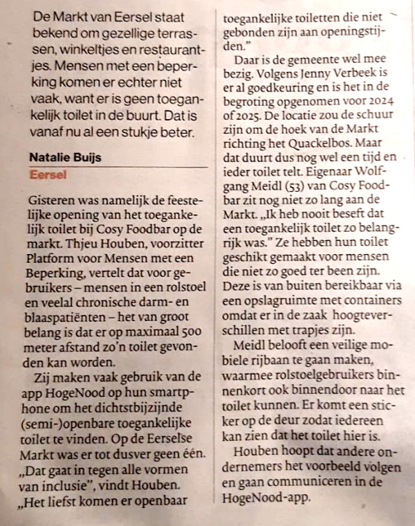Een kopie van het artikel in het ED over het toegankelijk toilet