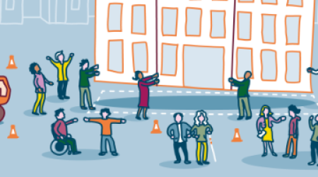 Een gebouw onder constructie met kraan en vele mensen die een zegje doen