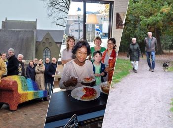 Van links naar rechts 3 foto's: Regenboogbankje in Eersel, groepje mensen met verschillende nationaliteiten en toegankelijk pad bij Grootmeer Wintelre