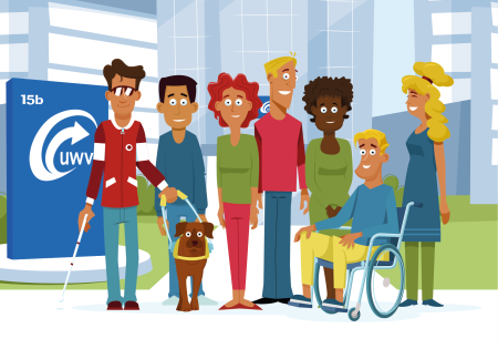 Mensen met verschillende beperkingen staan voor het gebouw van de UWV